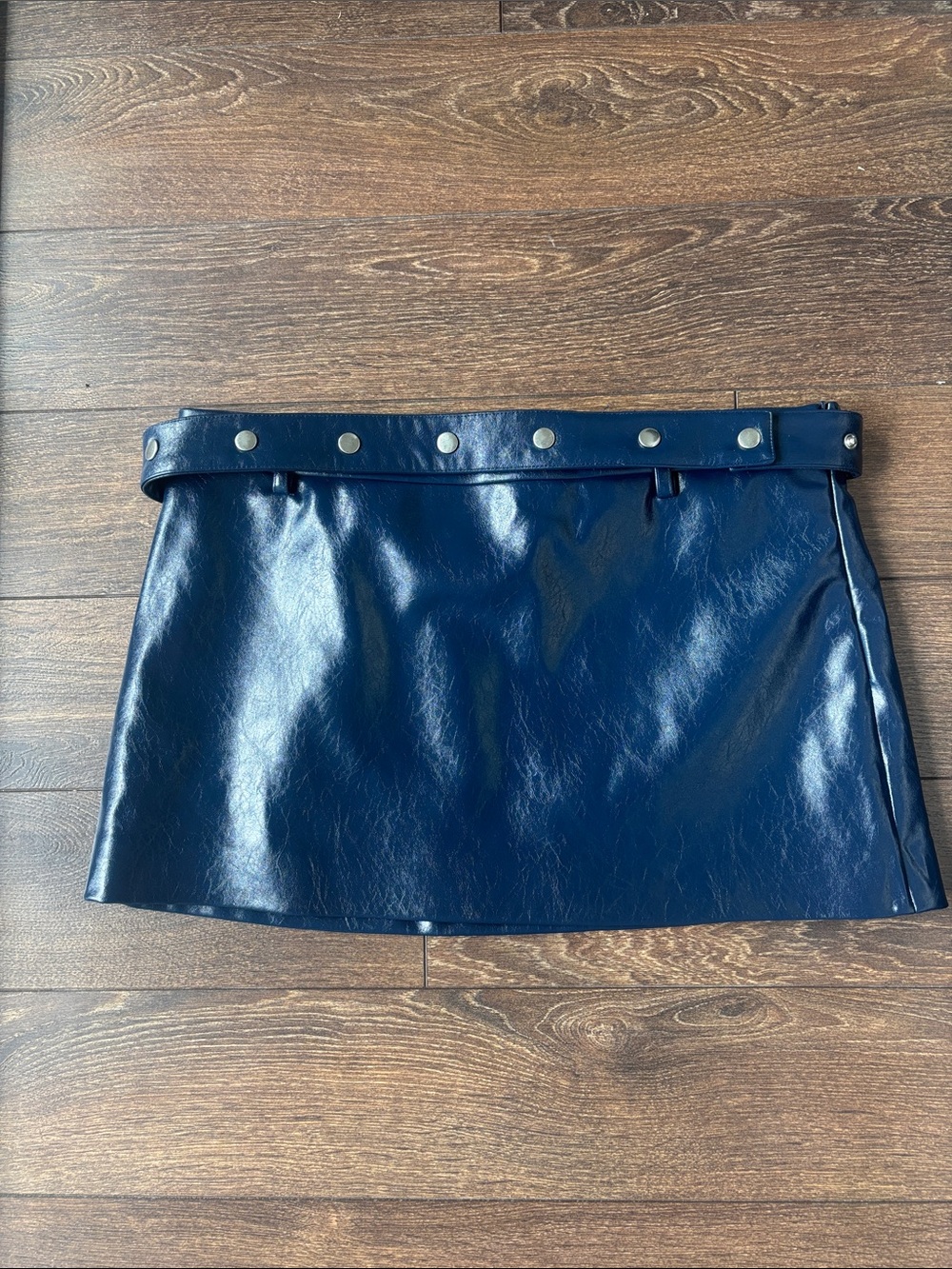 Zara Navy Faux Leather Mini Skirt with Studded Waistband